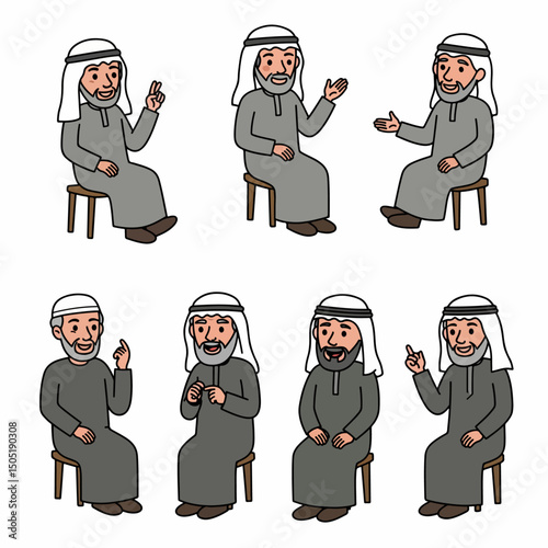 Middle Eastern man seated cartoon set