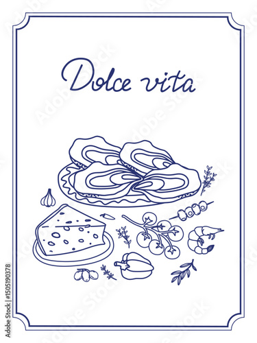 A charming illustration of Italian cuisine featuring oysters, cheese, and various herbs and vegetables. The image captures the essence of Dolce Vita with elegant line art and classic detailing, embody