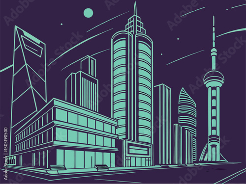 Cityscape skyline vector illustration of urban architecture buildings and modern city design in teal and purple