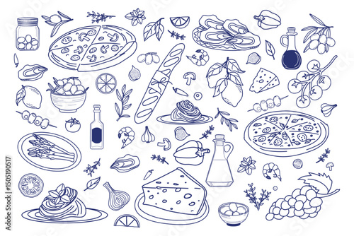 A charming collection of hand-drawn illustrations showcasing classic Italian cuisine elements. With detailed drawings of pizza, pasta, olive oil, and other iconic ingredients, this image captures the 