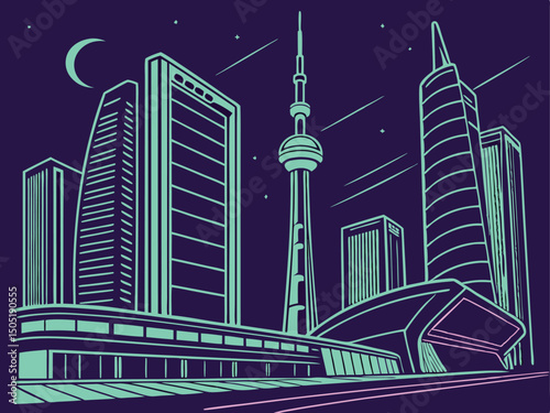 Night skyline cityscape illustration with skyscrapers tower and moon urban architecture design view