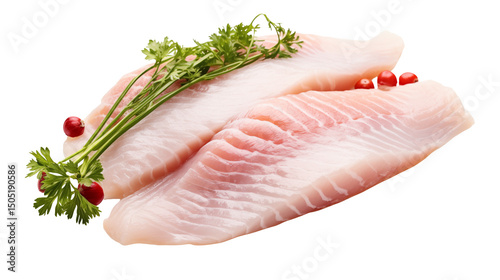 Fresh Fish Filets Ready for Cooking Garnish with Parsley on white and transparent Background