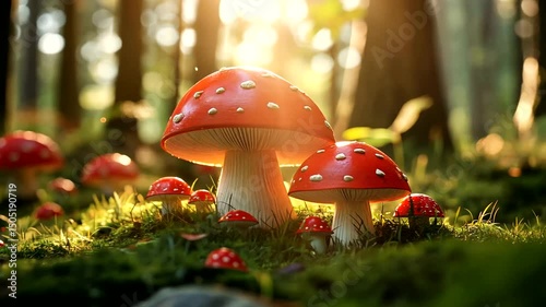 Red-capped mushrooms with white spots stand in a forest, bathed in sunlight filtering through the trees overhead, moss covering the ground