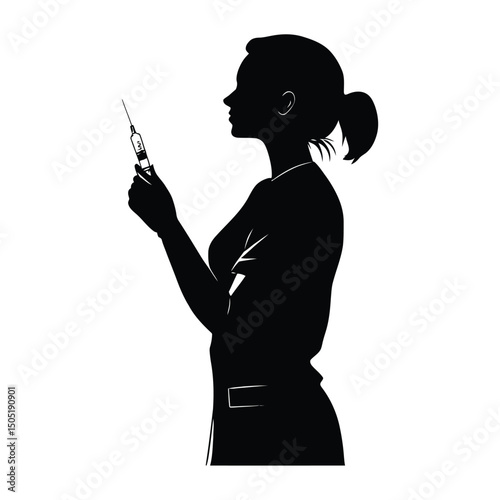 A nurse holding a syringe is a black-and-white silhouette vector designed for T-shirts, mugs, posters, and digital prints. Fully scalable and market-ready