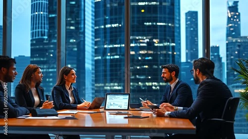 Business professionals converse around a wooden table, backlit by large city windows, in a corporate meeting setting
