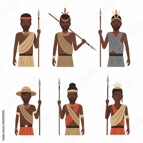 African tribe warriors men spears traditional clothes