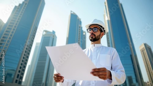 Arabic Architect Reviewing Blueprint at Dubai Construction Site with Modern Skyscrapers in Background

