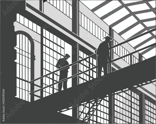 Industrial interior scene with workers on elevated walkway vintage style vector illustration design art