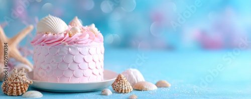 A pink seashell-themed cake surrounded by shells on a soft blue background.
