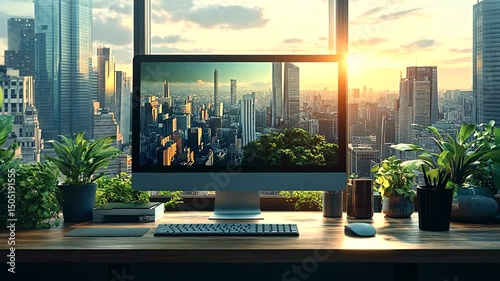 Computer display on desk with cityscape reflection, surrounded by indoor plants, backlit by bright window light