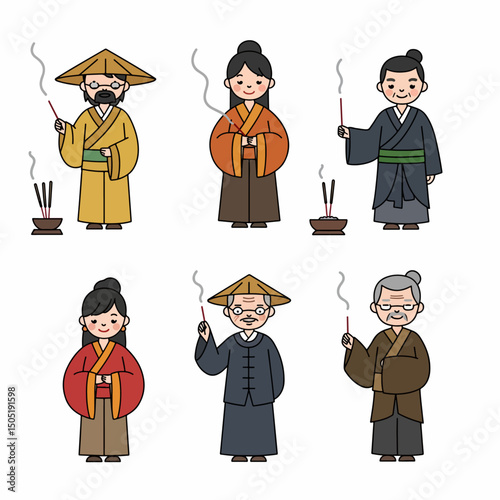 People offering incense sticks in traditional clothing