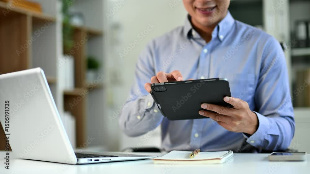 Businessman hand working digital marketing media with mobile phone and modern compute