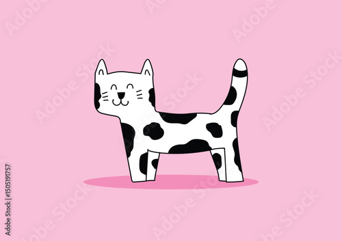 Cute black and white doodle cat on a pink background.