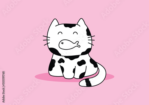 A cute black and white doodle cat sitting with fish in mouth on a pink background.