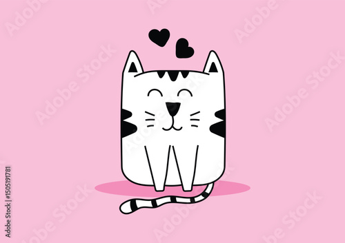 A cute black and white doodle cat sitting with a small hearts on a pink background.