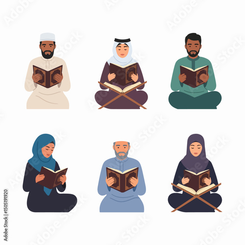 Muslims reading quran ramadan kareem religious book