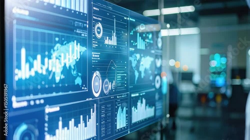 Innovation and research in digital screen technology with data analytics, charts, and futuristic analysis driving modern technology advancements