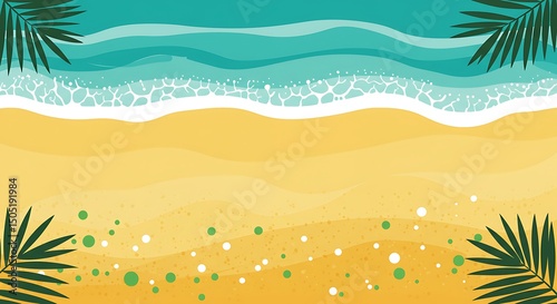 Tropical vector illustration of a summer beach landscape with a palm tree, blue ocean waves, and sunny sky perfect for your next travel vacation