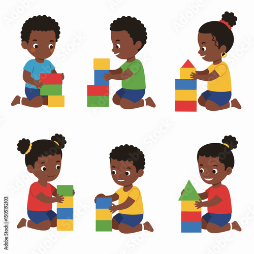 Kids playing building block education activity
