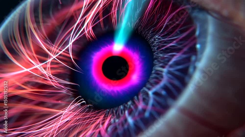 Close-up of an abstract eye with glowing, flowing filaments and vibrant pink and blue hues around a dark pupil, sci-fi aesthetic