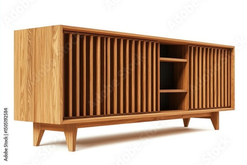 Modern Scandinavian interior with wall-mounted TV and wooden cabinet, cozy and bright, 3d illustration