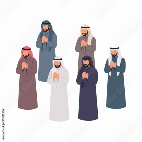 Arab men in traditional clothing praying together