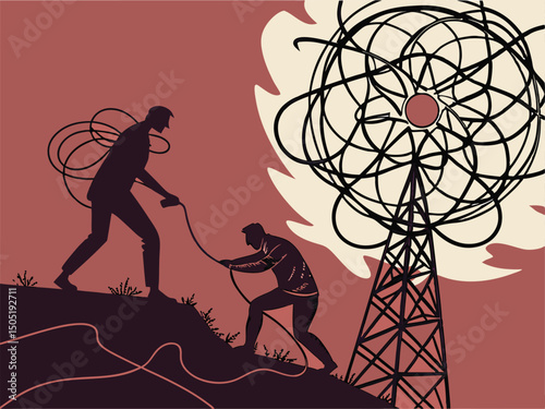 Communication tower repair teamwork concept showing connection and collaboration in network infrastructure upgrade