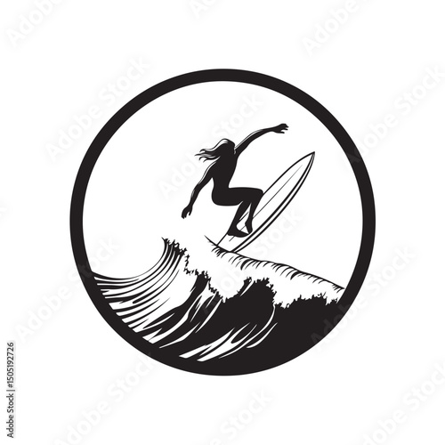 Vector illustration of a person surfing on the beach waves in a dynamic and energetic style, depicting the spirit of water sports and freedom in the sea isolated on white background.