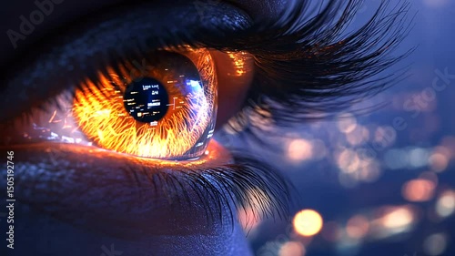 Close-up of an eye reflecting a city, illuminated with digital lines and code, blending nature with technology, creating a surreal effect