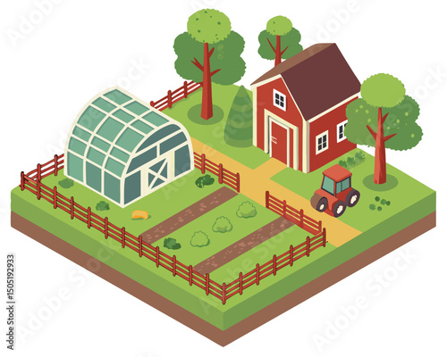 Isometric farm illustration with barn greenhouse tractor and trees vector graphic design asset