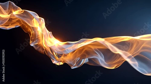 Ethereal golden fabric floats diagonally across a dark background, glowing with translucent waves of light and flowing elegance