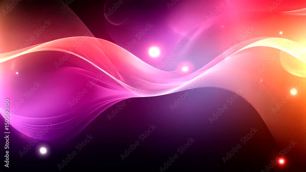 Vibrant digital abstract artwork with flowing curves and gradient colors of pink, purple, red, orange, and yellow set against a dark backdrop