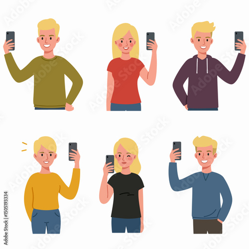 People taking selfie with smartphone in flat style