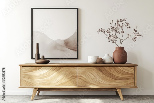 Modern Scandinavian interior with wall-mounted TV and wooden cabinet, cozy and bright, 3d illustration