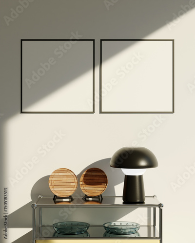 Dual square black frame mockup side by side in modern interior, perfect for showcasing art and posters.