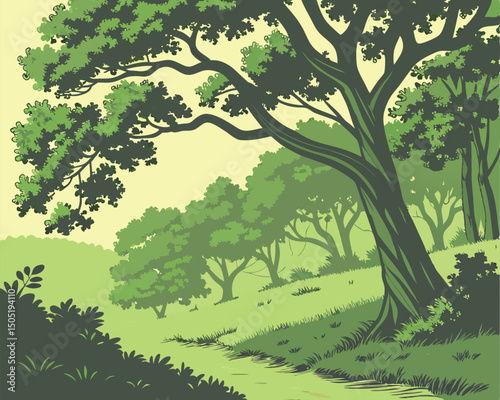 Green forest landscape illustration with trees and foliage in nature scenery background for design and art