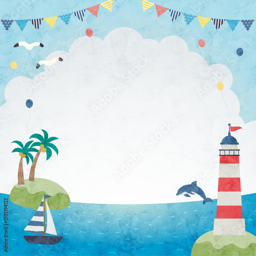 海と空の夏の水彩背景イラスト