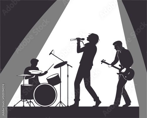Live music concert performance silhouette of band on stage with singer guitarist and drummer playing music