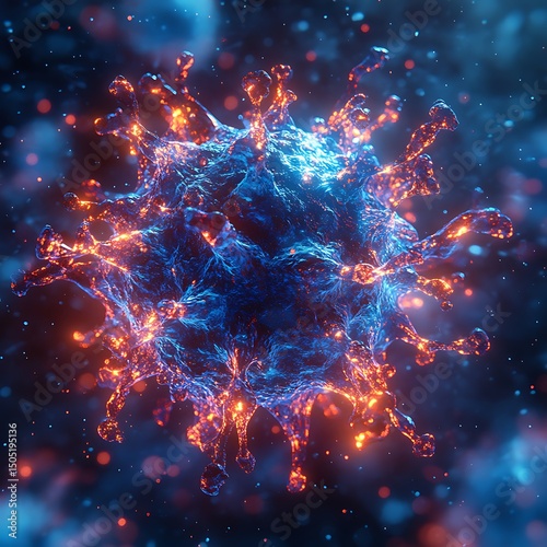Detailed illustration of a vibrant and artistic rendering of a dangerous coronavirus particle in high resolution image