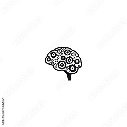 Silhouette of brain with gear machine learning representation on white background