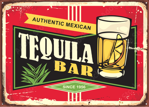 Tequila bar retro advertisement. Vintage tin sign for cafe bar. Alcoholic drinks vector illustration.