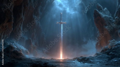 A sword made of light bursting from a stone, Excalibur legend, divine power, heroic fantasy