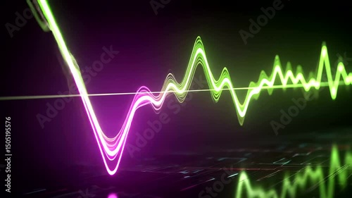 Abstract image showcasing a neon green to purple sound wave above a circuit board texture on a dark reflective surface