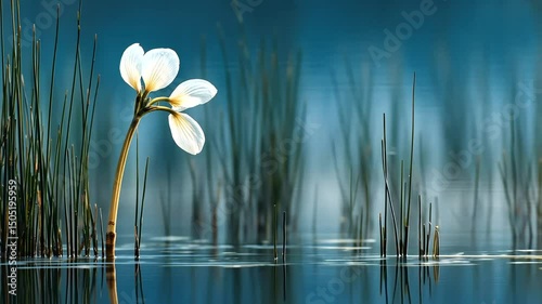 A white flower on a long stem rises from calm blue water, surrounded by tall green reeds with a blurry background