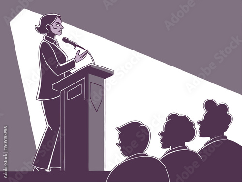 Woman giving speech at podium presentation to audience public speaking event conference speaker leadership