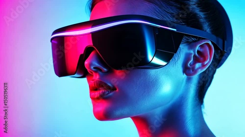 A person wearing futuristic VR goggles, illuminated with neon pink and blue hues, with a close-up side profile showing facial details