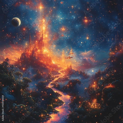 Dreamy celestial landscape featuring a glowing city and spaceships under a starry night sky