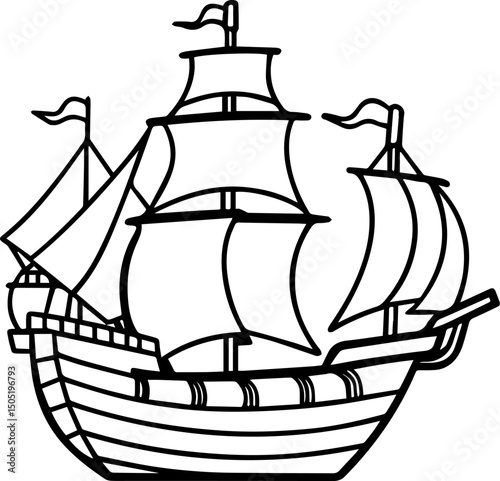 vintage pirate ship outline vector illustration line art coloring book page