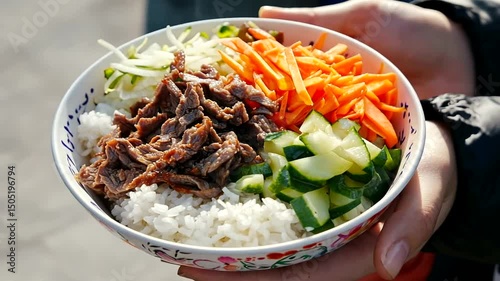 Close-up of hands holding a floral bowl filled with rice, beef, shredded carrots, cucumber, and sprouts
