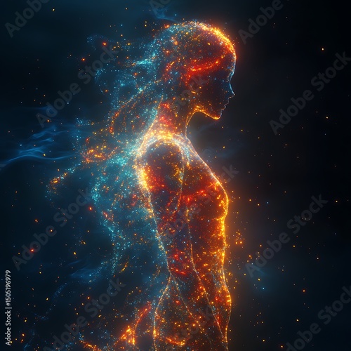 Elegant silhouette of a woman composed of vibrant particles against a dark blue background high resolution image
